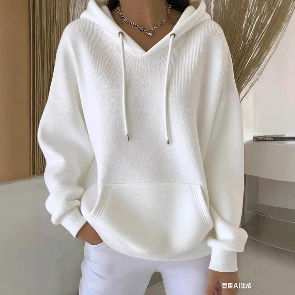 Comfortable solid color knit hoodie